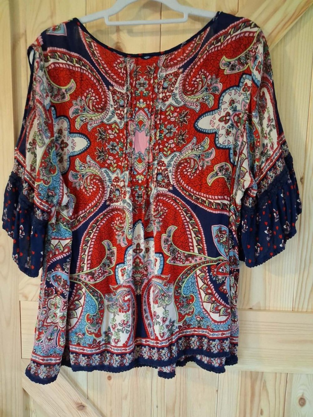 Bila XXL Boho Paisley Blouse Red Multicolor Flowy Peasant Top Rayon